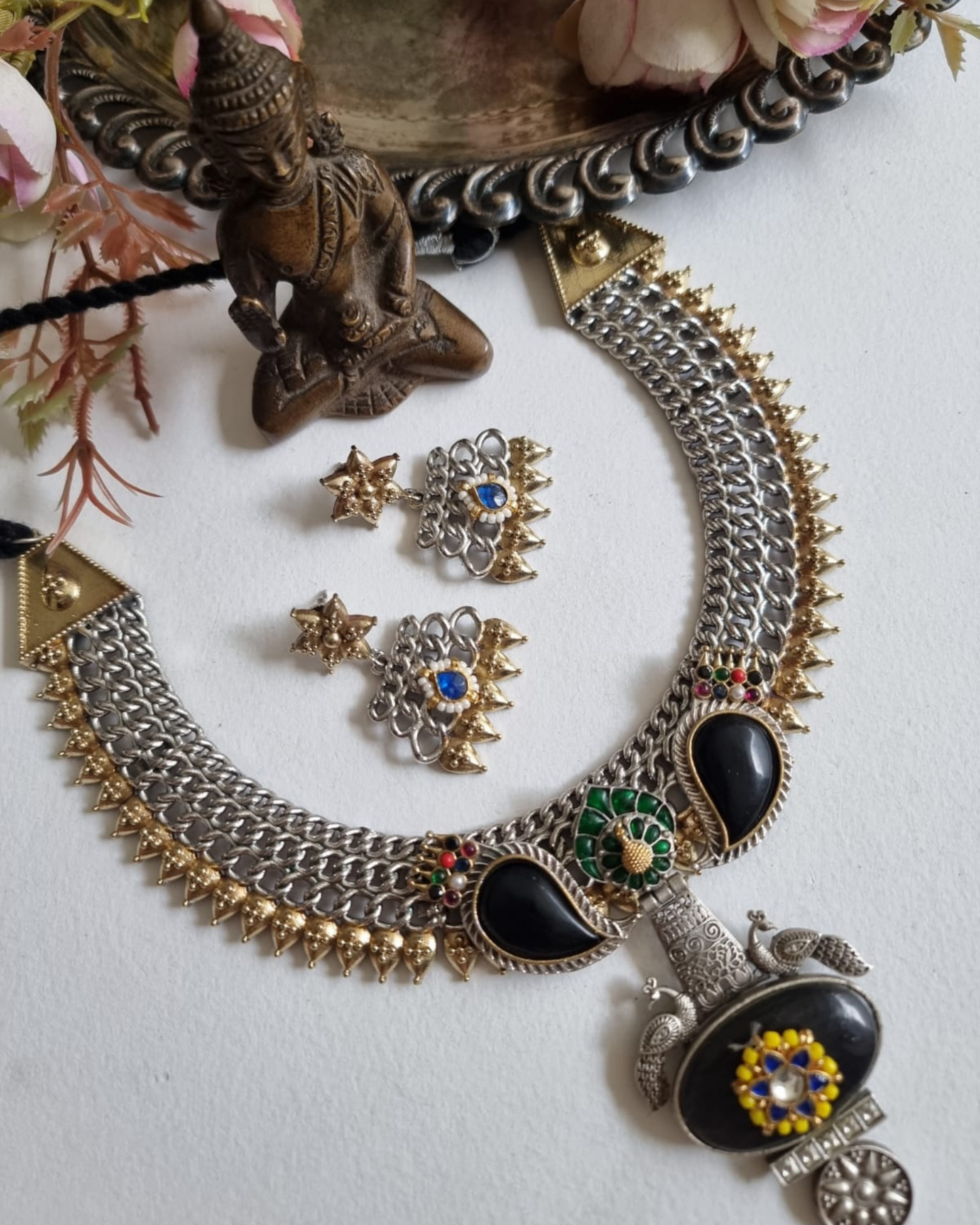 German Silver Dual Tone Pota stone Necklace Set